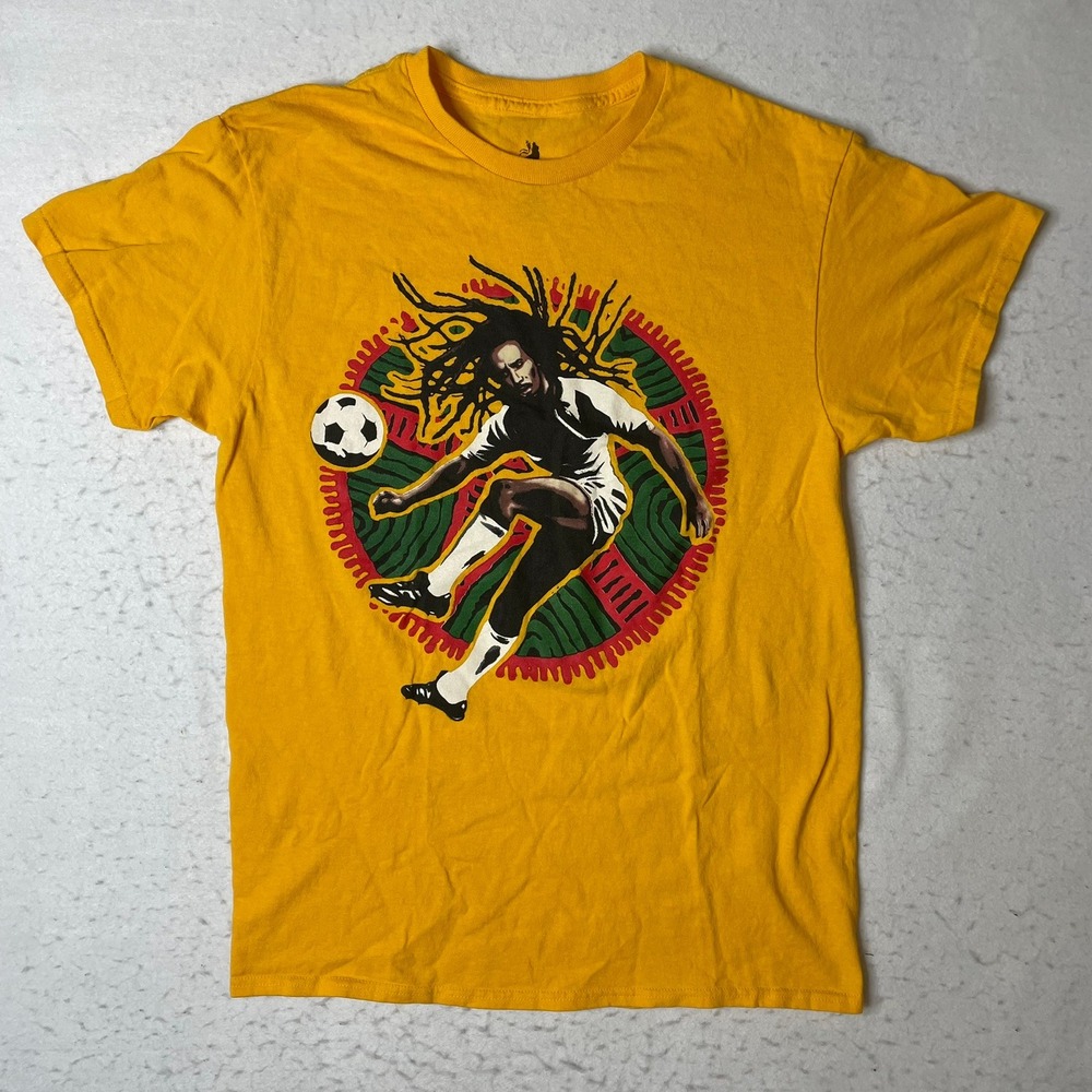Zion Bob Marley Soccer Graphic T Shirt Yellow Cotton Mens Medium